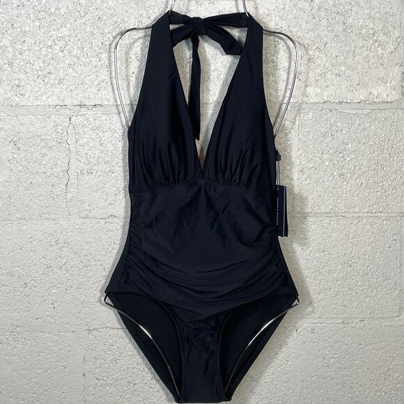 Tommy Hilfiger Women's Classic V-Neck One Piece Swimsuit, Black , 4 - Picture 1 of 11
